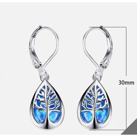 New Teardrop Silver Blue Tree of Life lever-back Earrings - Picture 3 of 3